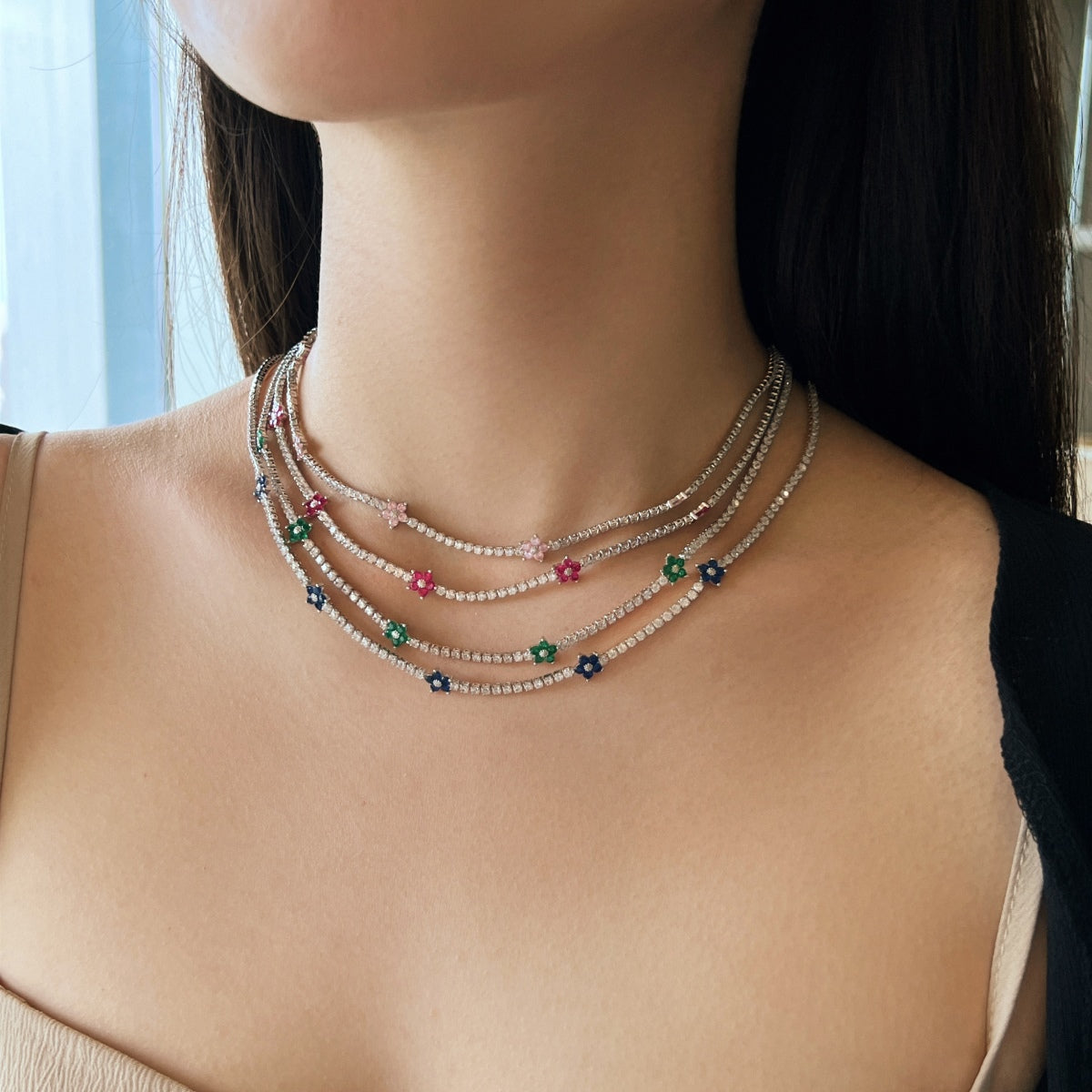 [Everoly JW]Luxurious Colorful Flower Tennis Necklace