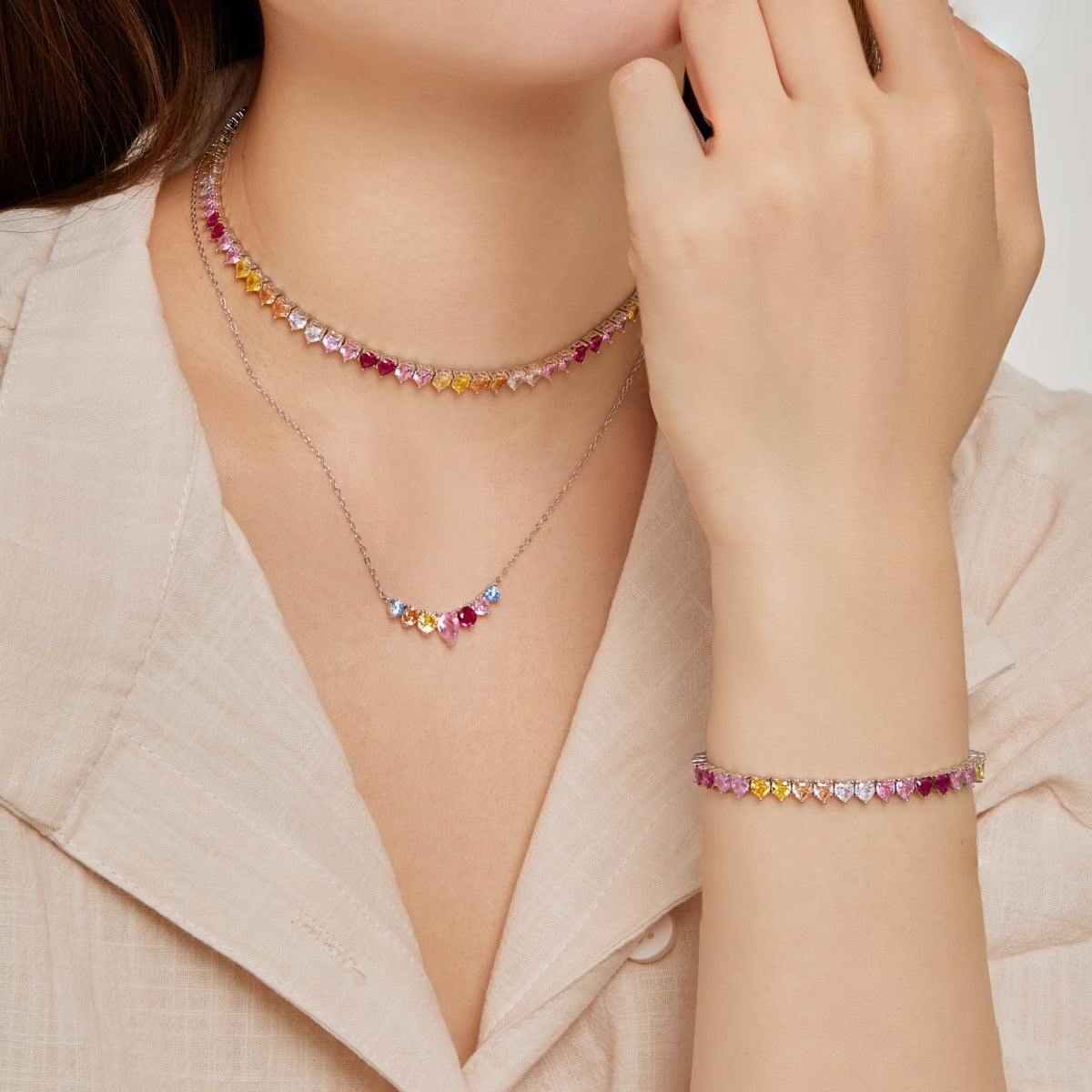 [Everoly JW]Sparkling Colorful Full Heart Tennis Necklace