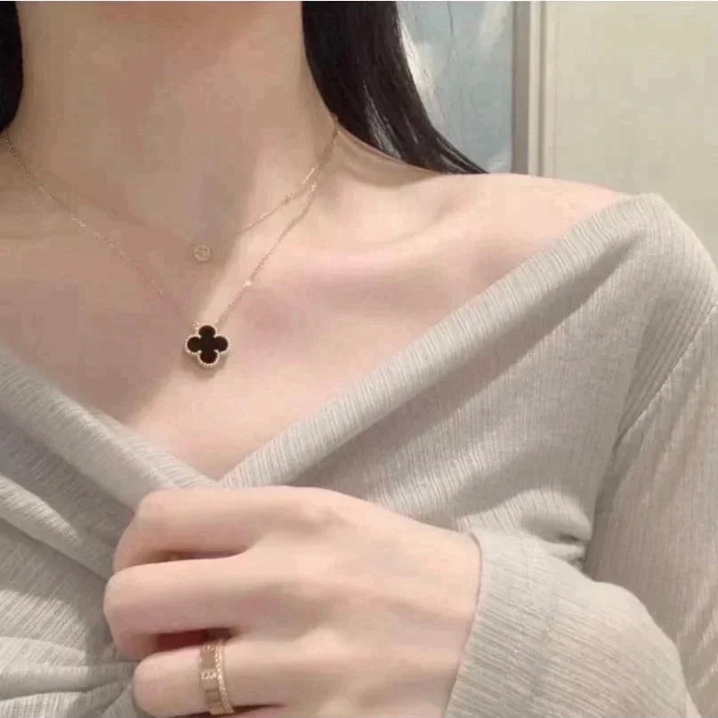 [Everoly JW]CLOVER 15MM BLACK ONYX SINGLE FLOWER NECKLACE