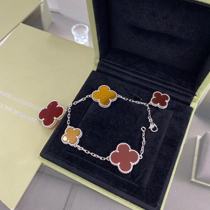 [Everoly JW]クローバー5モチーフシルバーカーネリアンタイガーアイブレスレット