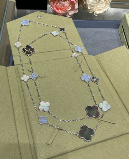 [Everoly JW]CLOVER 16 MOTIF CHALCEDONY MOP SILVER NECKLACE