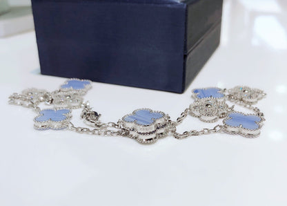 [Everoly JW]CLOVER 10 MOTIFS CHALCEDONY DIAMONDS SILVER NECKLACE